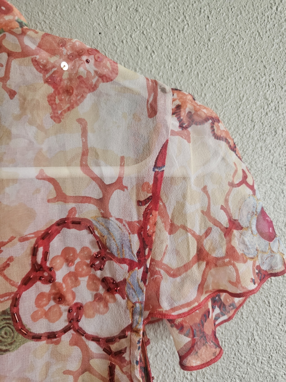 DIANE VON FURSTENBERG Silk Chiffon Floral Beaded Tie Front Blouse in Pink Size 6 - Picture 5 of 6
